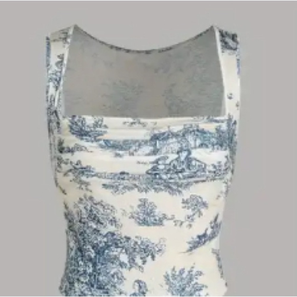 Blue and White Toile Print Sleeveless Top